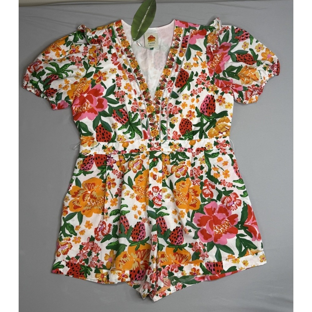 Farm Rio Women's Strawberry Summer Print Romper Size XL‎ NWT Puff Sleeve Belted